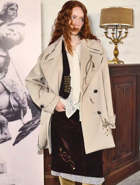 Heritage Glow – Beaded Double-Faced Wool Coat