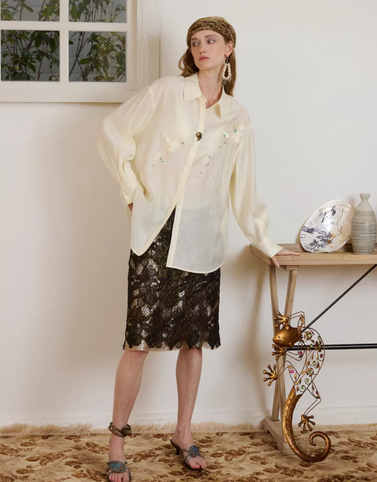 Golden Leaf – Lace-Panel Straight Midi Skirt