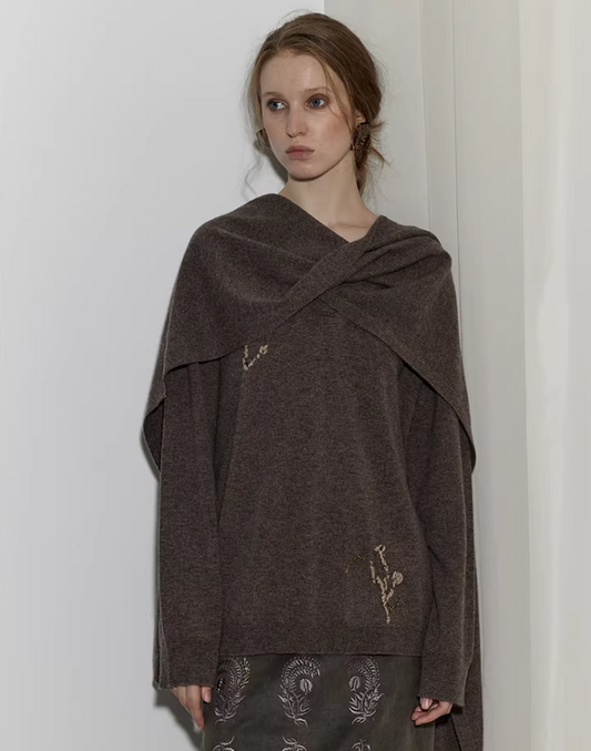Autumn Whisper – Embroidered Cashmere-Blend V-Neck Knit Poncho