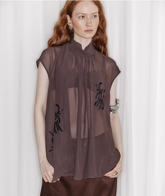 Petal Gather – Embroidered Chiffon Mock-Neck Blouse