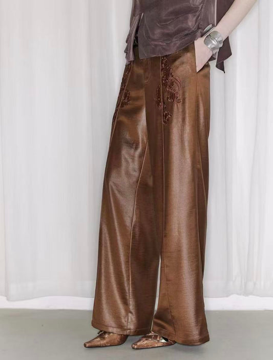 Satin Ember – Embroidered Fluid Trousers